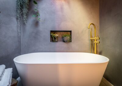 Blue Tadelakt bathroom style interior design, Notting Hill, London, UK